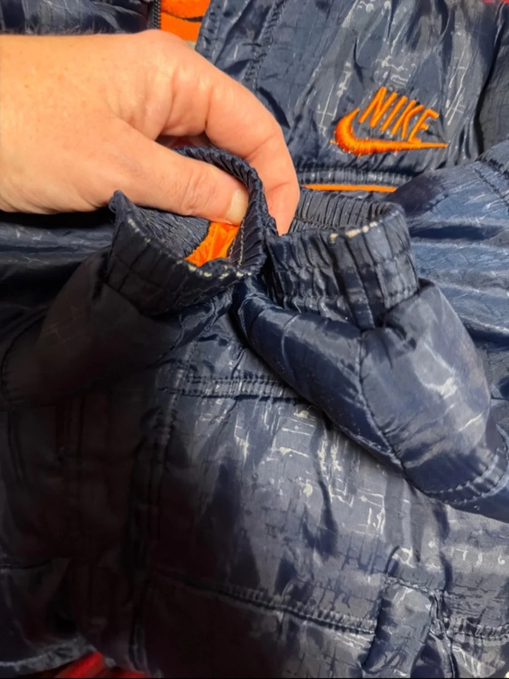 Nike Kids Navy Puffer Coat with Orange Hood and Trim size 4